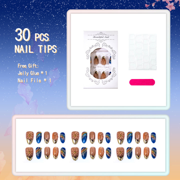 Artistic Press-On Nail Art Set with Gold Accents