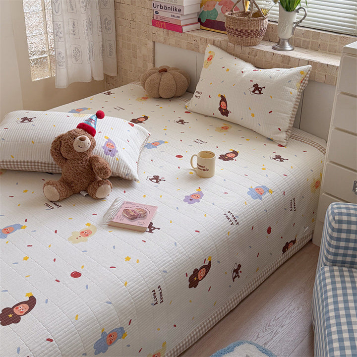 Quilted Cotton Toddler Bed Coverlet Set with Playful Dog and Flower Print and Gingham Trim