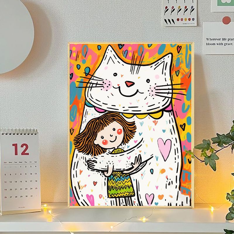Playful Cat and Girl Illustration Canvas Art Stornfield