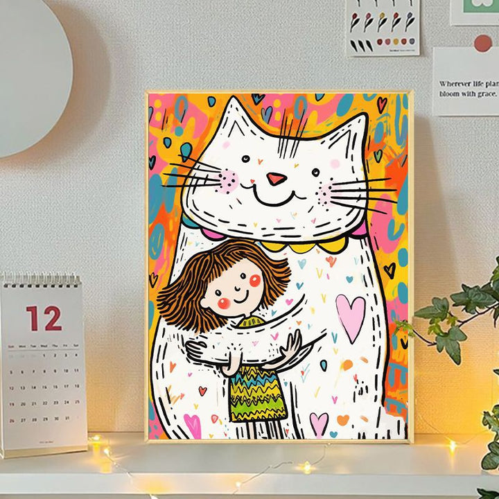 Playful Cat and Girl Illustration Canvas Art Stornfield
