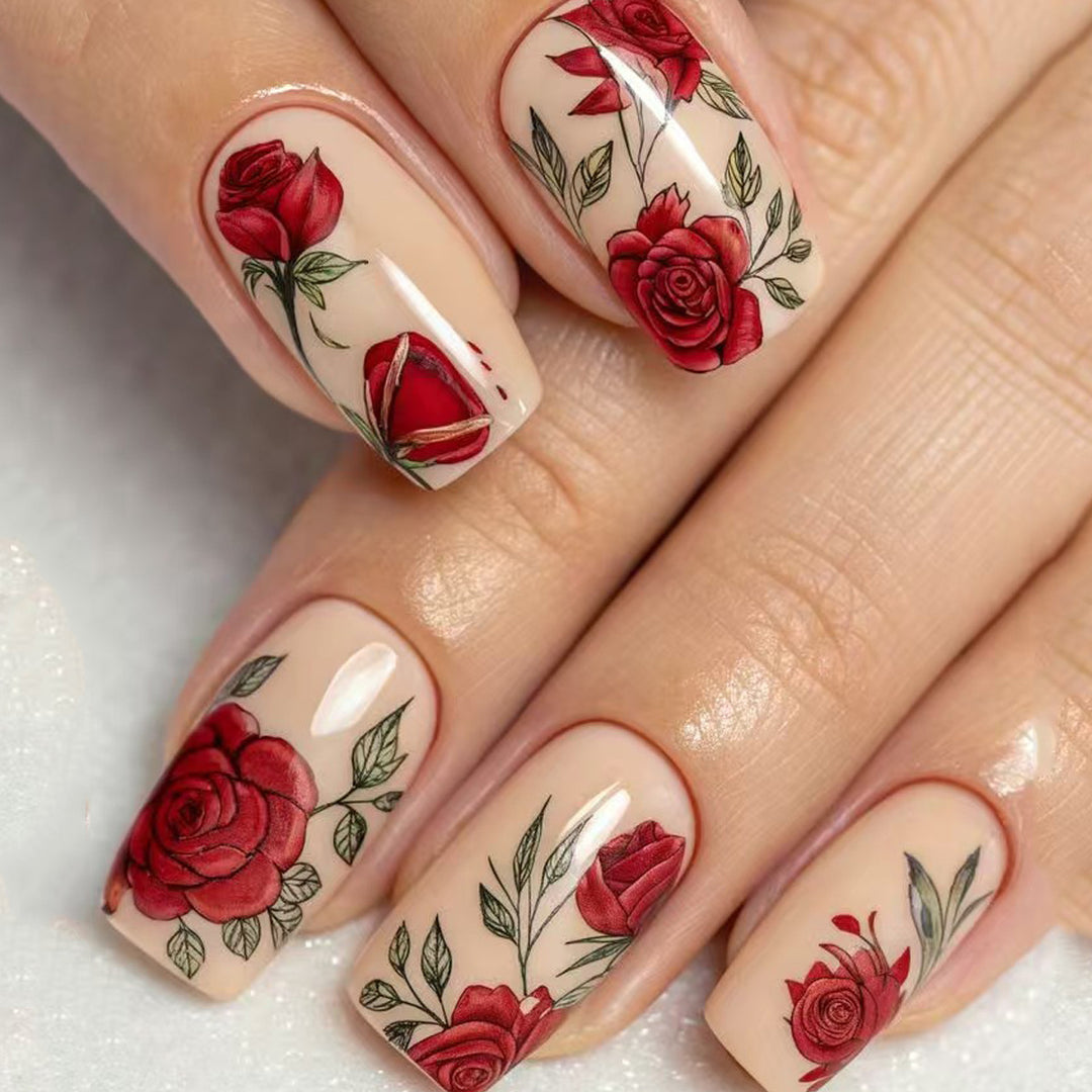 Artificial nails with romantic rose motifs Stornfield