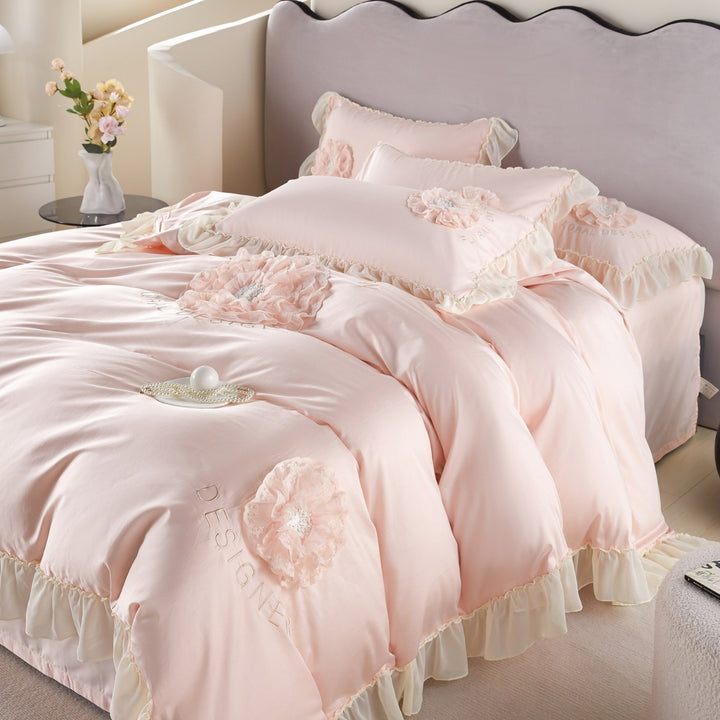 Romantic Ruffled Floral Applique Satin-Feel Duvet Cover Set