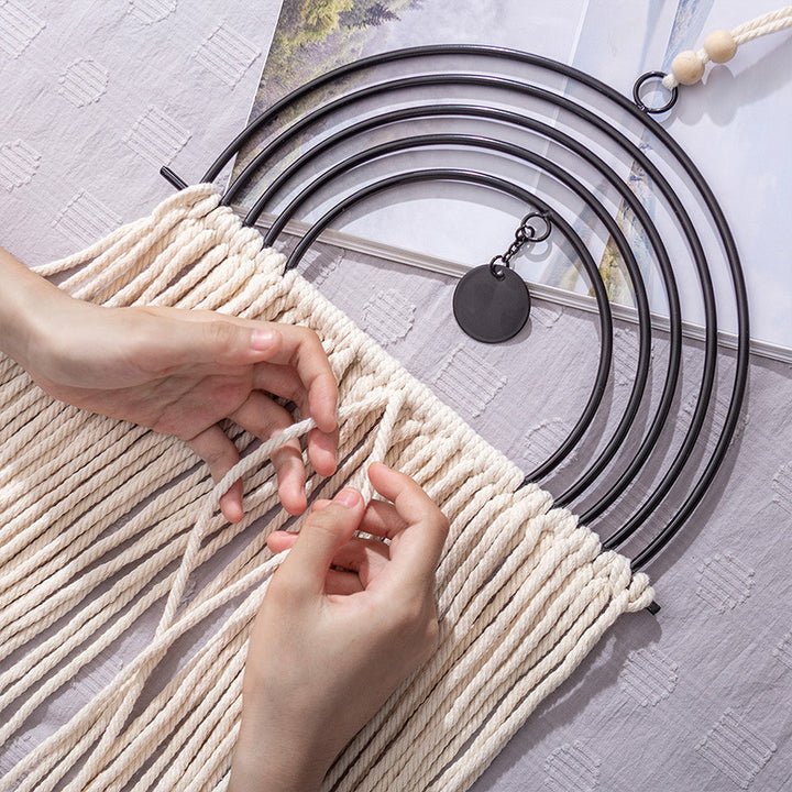 Boho macrame wall hanging with semicircle metal frame and long fringes Stornfield