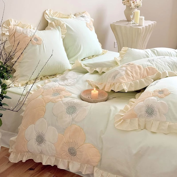 Floral Appliqué Ruffled Cotton Sateen Duvet Cover Set with Decorative Pillow Shams