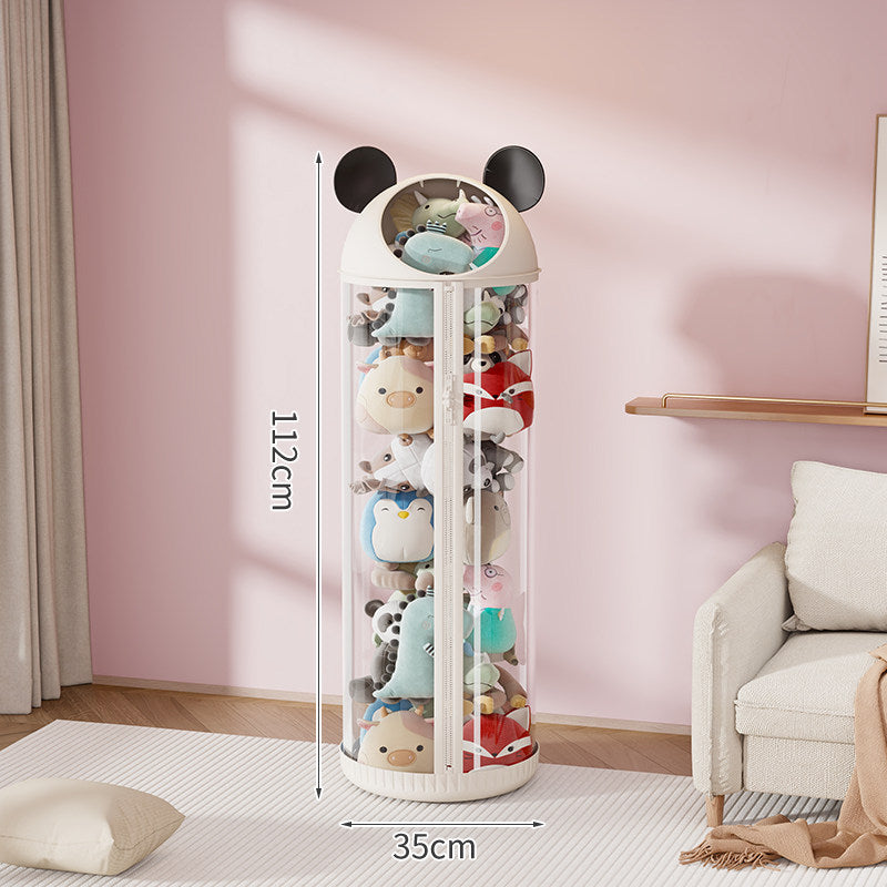 Vertical Clear Cylinder Plush Toy Storage Tower with Divided Shelves and Caster Base