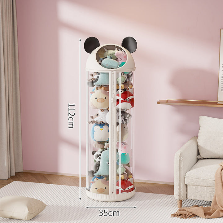Vertical Clear Cylinder Plush Toy Storage Tower with Divided Shelves and Caster Base