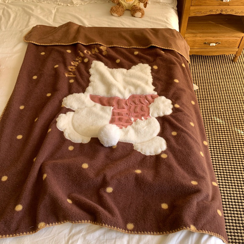 Cuddle blanket with teddy applique and checkered fleece