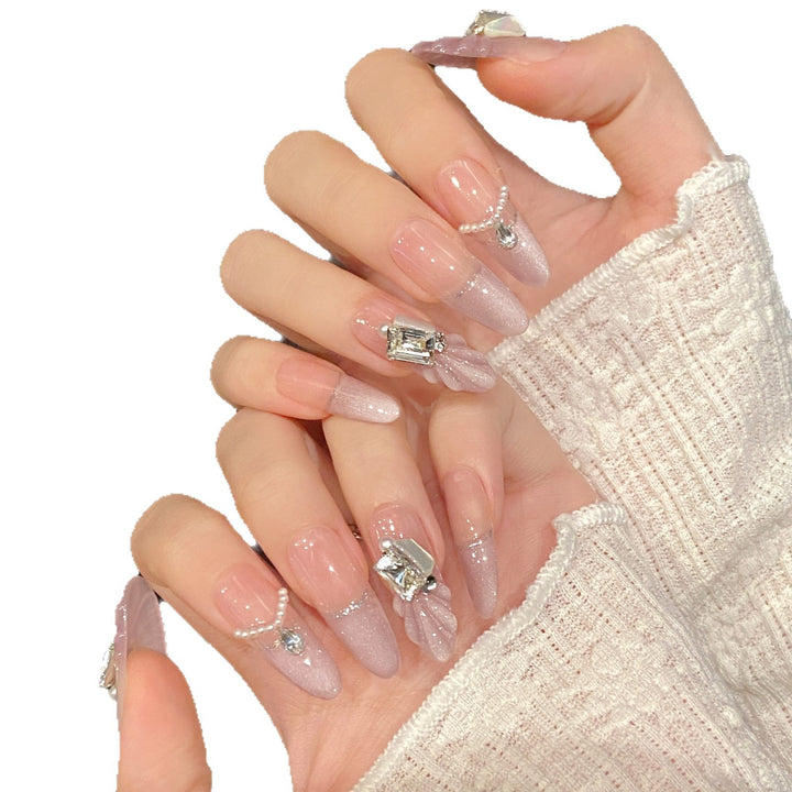 Decorative Press-On Nail Set with Gem and Pearl Accents