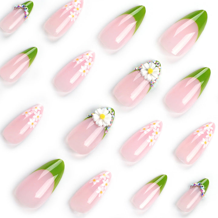 Artificial nails with floral accents and green French tip Stornfield