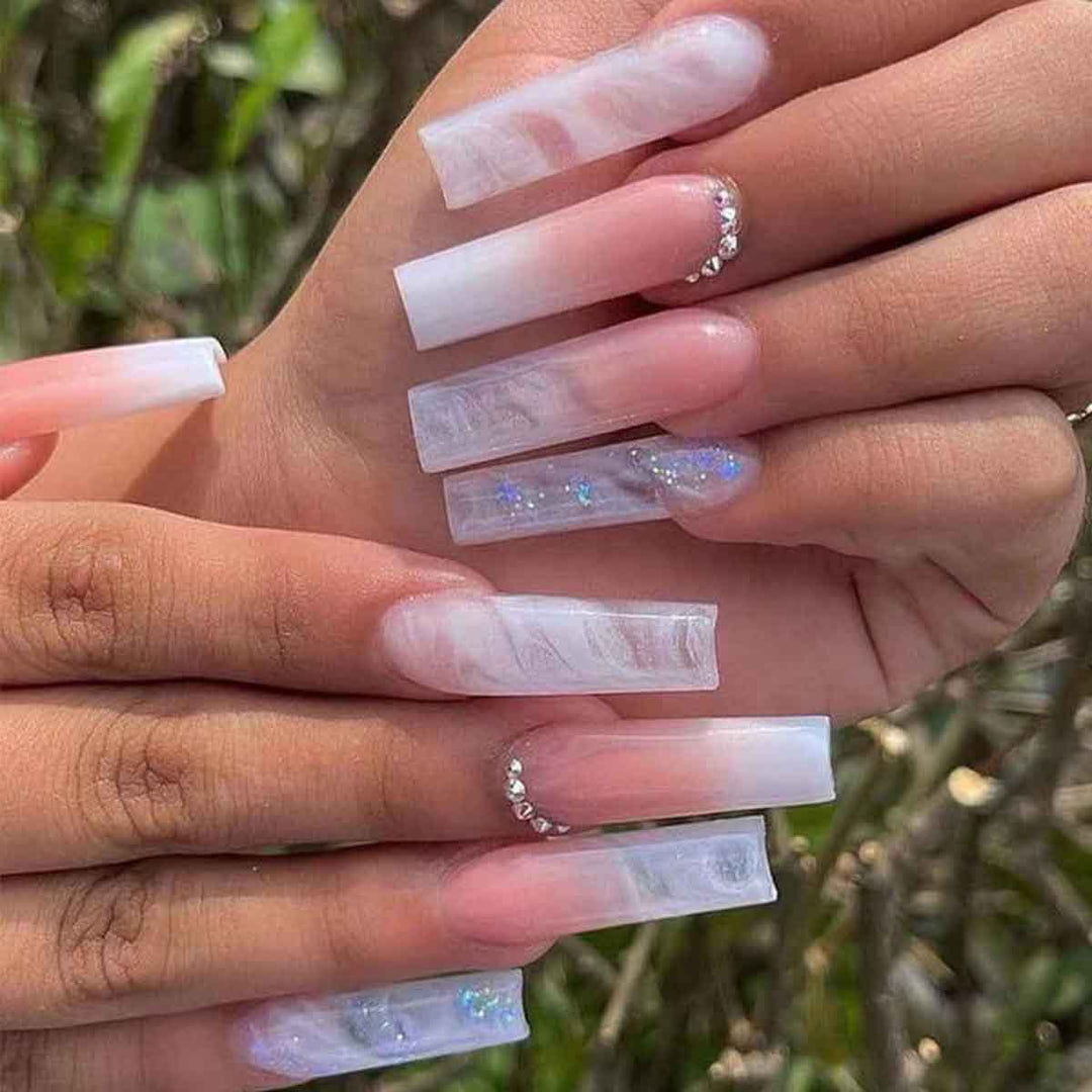 Glossy Long Square Press-On Nails with Glitter Accents Stornfield