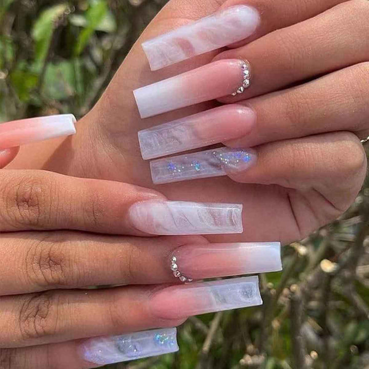 Glossy Long Square Press-On Nails with Glitter Accents Stornfield