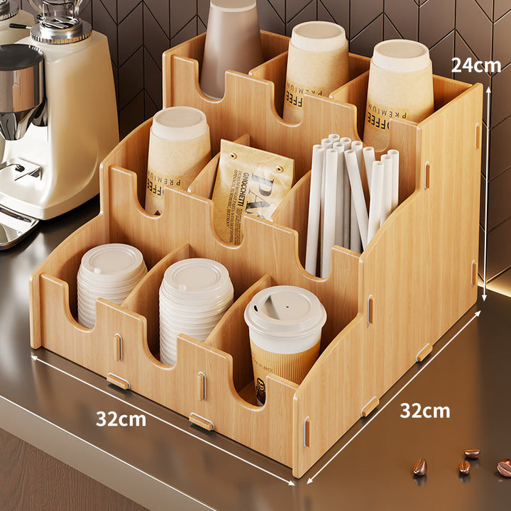 Modular Bamboo Countertop Coffee Station Organizer with Multi-Compartment Cup Lid and Straw Dispensers
