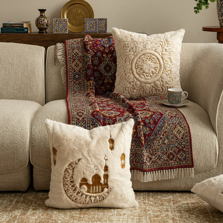 Luxurious decorative pillow cover made of faux fur with relief mandala motif Stornfield