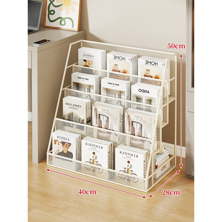 Angled Mesh Rolling Magazine and Book Display Shelf with Locking Casters