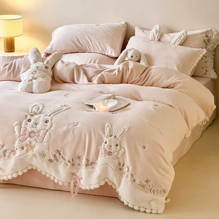 Plush Quilted Bunny Appliqué Duvet Cover Set with Pom-Pom Trim