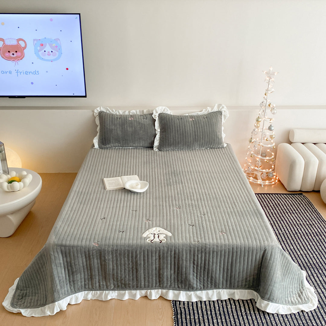 Quilted Ruffled Bedspread Set with Embroidered Bow Motifs and Ruffled Pillow Shams