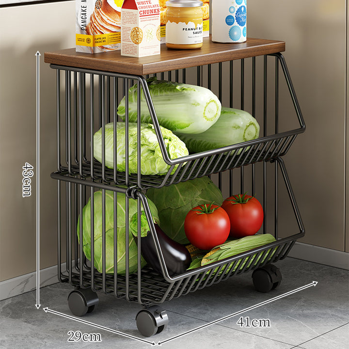 Countertop Wooden-Top Metal Wire Produce Storage Basket with Front-Tilt Access