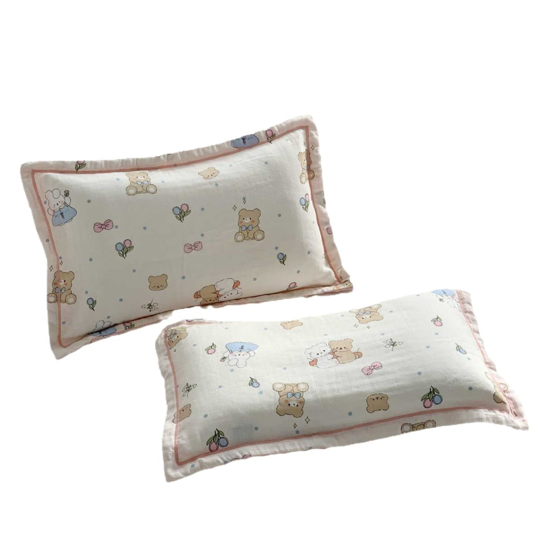Baby Muslin Pillow Set with Bear Print & Soft Gauze Ruffled Edge