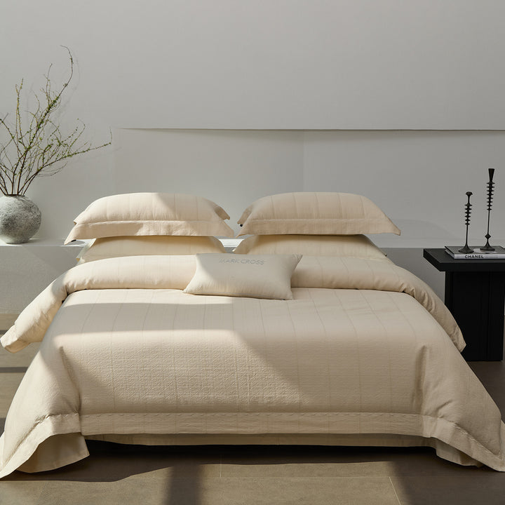 Textured Cotton Sateen Duvet Cover Set with Pillow Shams and Accent Cushion