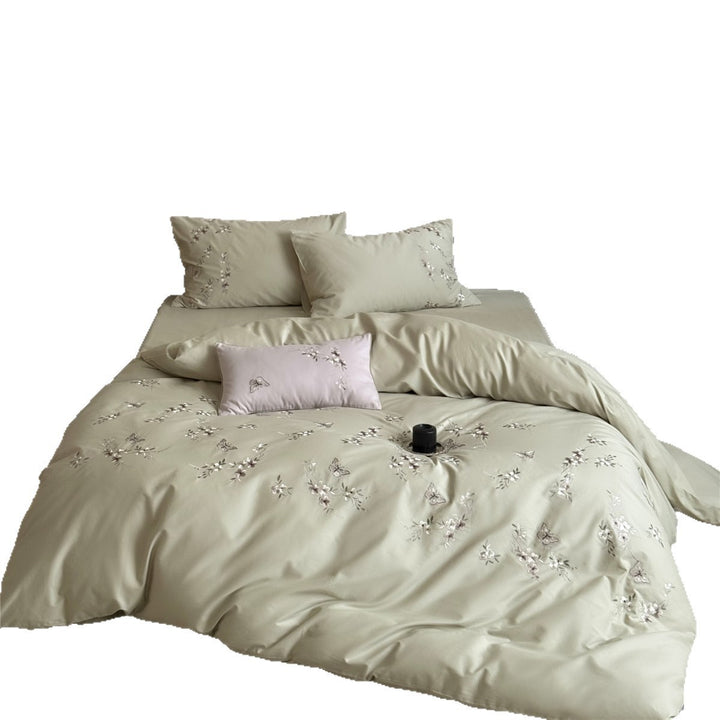 Embroidered Floral Butterfly Cotton Sateen Duvet Cover Set with Pillow Shams