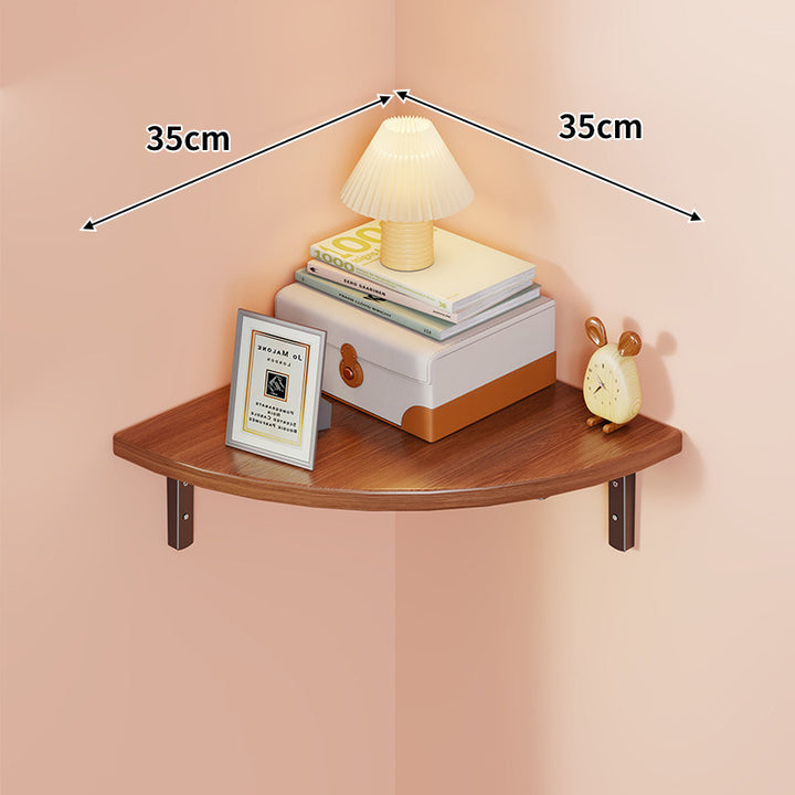 Corner Wall-Mounted Floating Shelf with Rounded Triangular Solid Wood Top and Metal Support Brackets