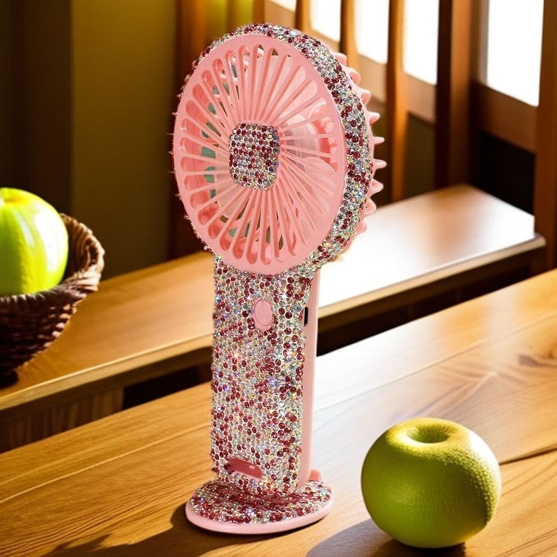 Women's portable hand fan rechargeable with rhinestone accents and cat emblem Stornfield