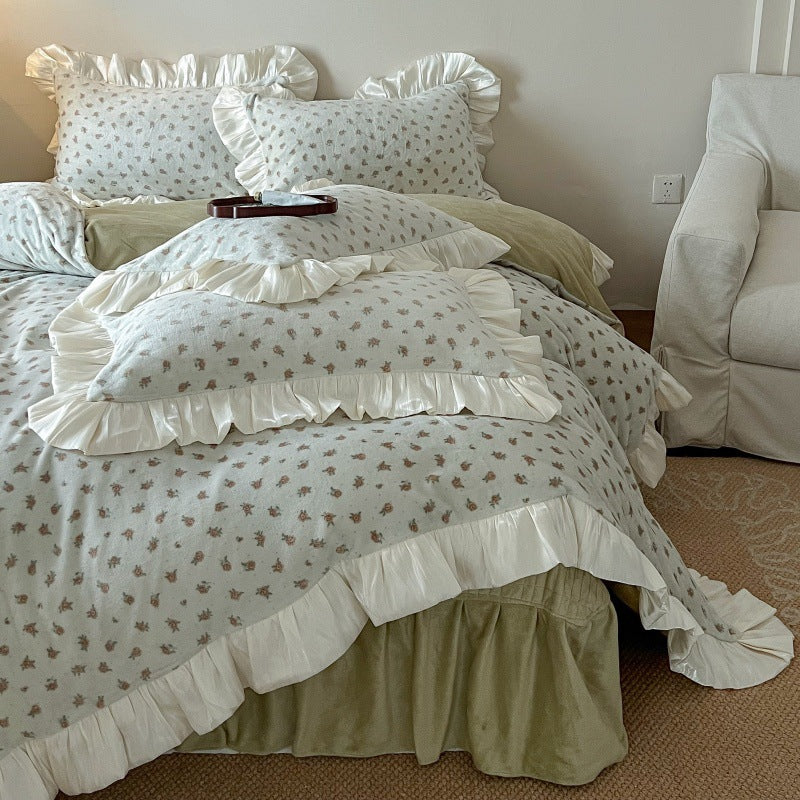 Floral Brushed Cotton Duvet Cover Set with Ruffled Satin Trim