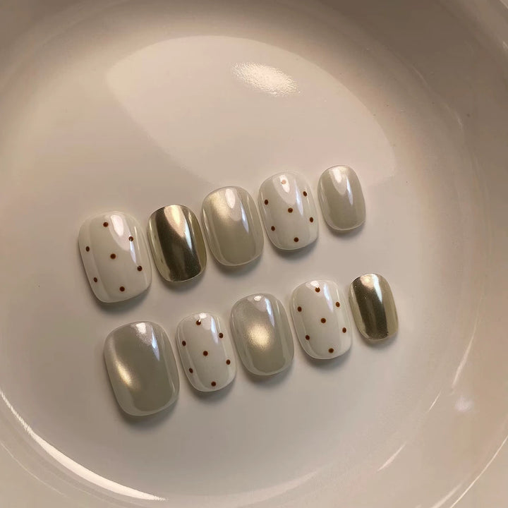 Press-On Nail Art Set with Elegant Dot and Metallic Accents