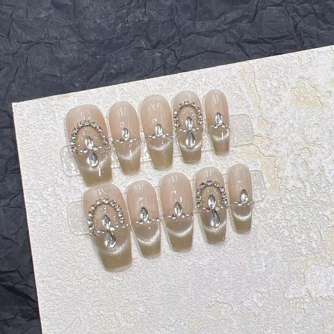 Elegant Press-On Nail Set with Rhinestone Detailing Stornfield