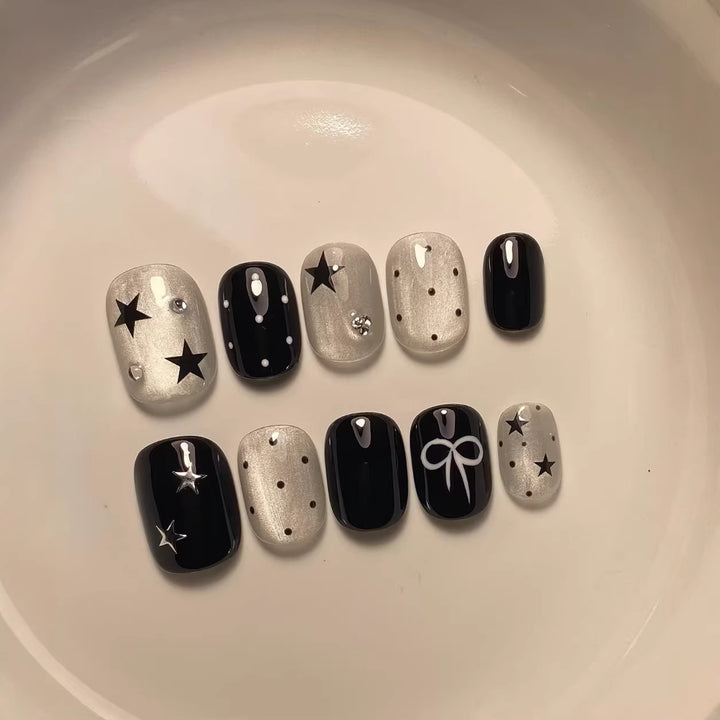 Decorative Press-On Nail Art Set with Star and Bow Designs