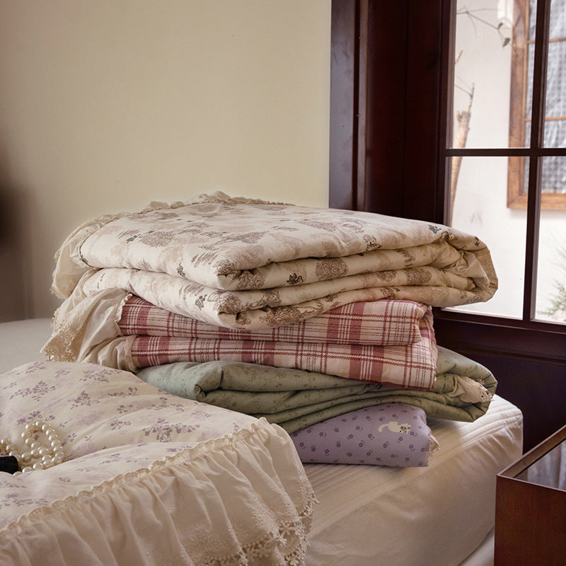 Floral Quilted Throw Blanket with Lace Ruffle Trim
