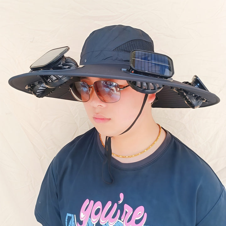 Wide-brimmed sun hat with detachable swivel solar fans and adjustable chin strap Stornfield