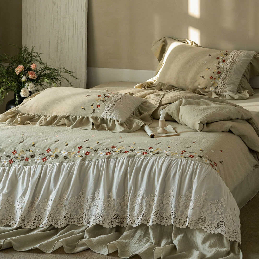 Embroidered Linen Ruffled Bedspread Set with Lace Trim