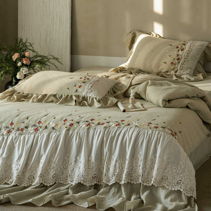 Embroidered Linen Ruffled Bedspread Set with Lace Trim