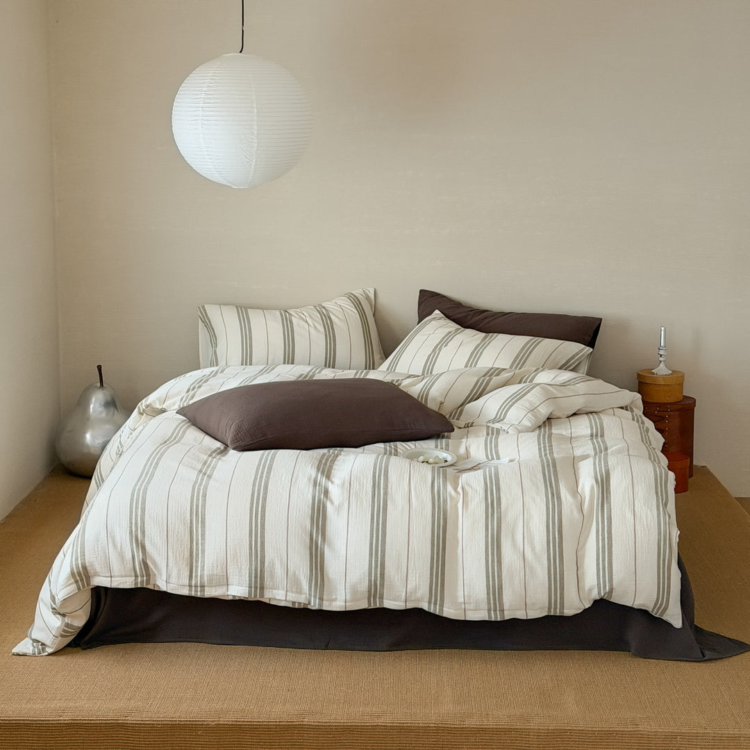 Striped Textured Cotton-Linen Duvet Cover Set with Pillow Shams