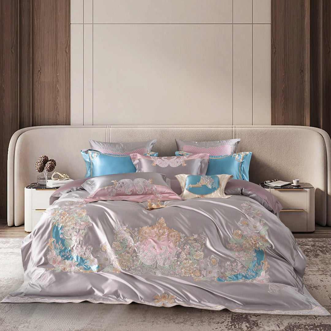 Embroidered Luxury Satin-Feel Duvet Cover Set with Hidden Zipper & Oxford Shams