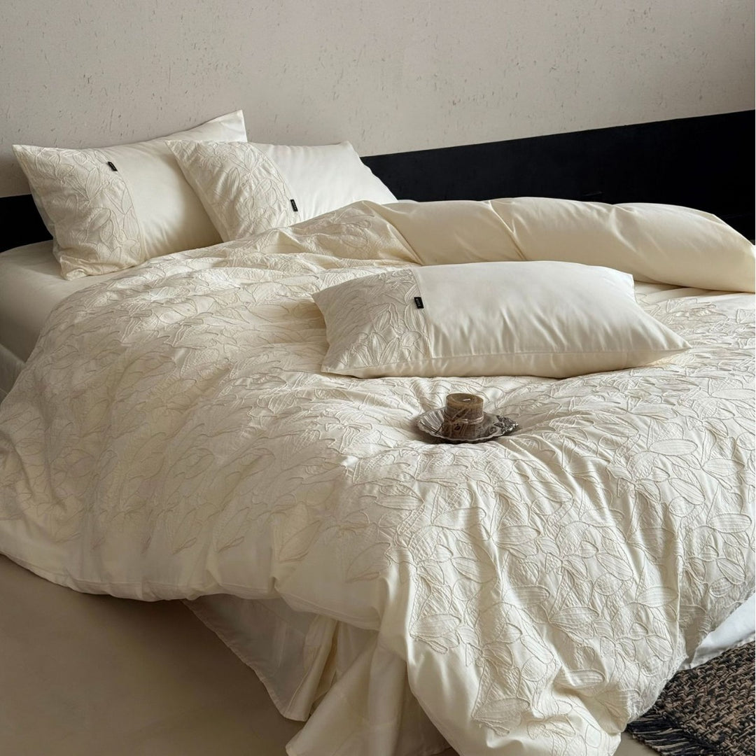 Luxurious cotton satin bedding set with embroidered leaf relief