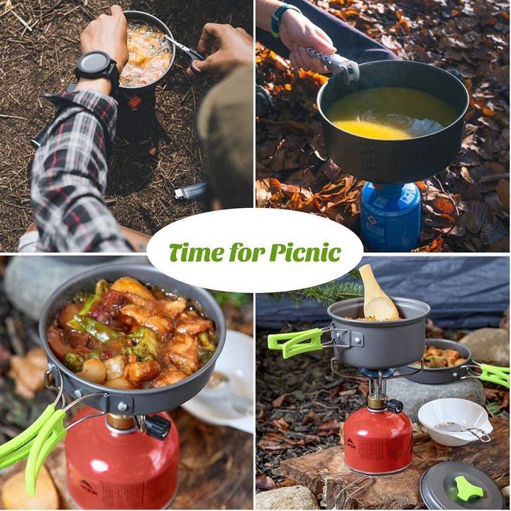 lightweight non-stick camping cookware set with folding handles kettle pot pan utensils and mesh carry bag Stornfield