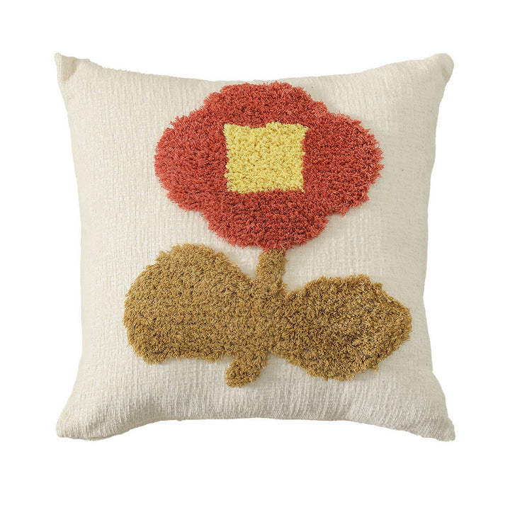 Hand-tufted square decorative cushion cover with floral chenille appliqué