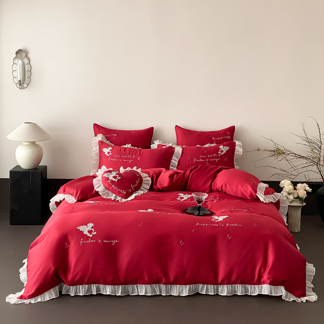 Satin-Feel Frilled Embroidered Heart Motif Duvet Cover Set