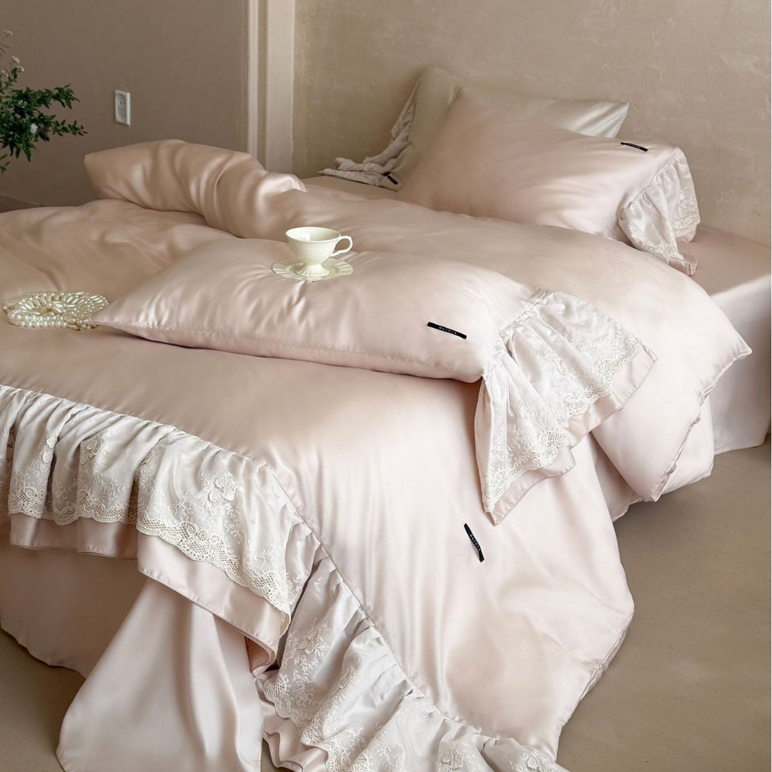Extravagant satin duvet cover set with ruffled lace trim and silky smooth texture