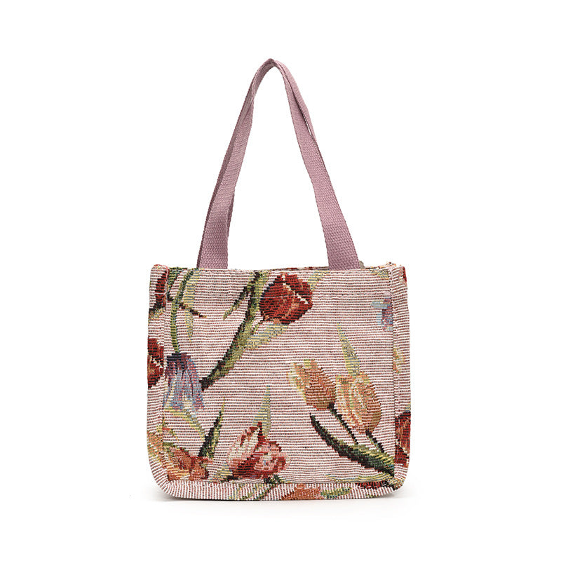 Floral Embroidered Shoulder Tote Bag