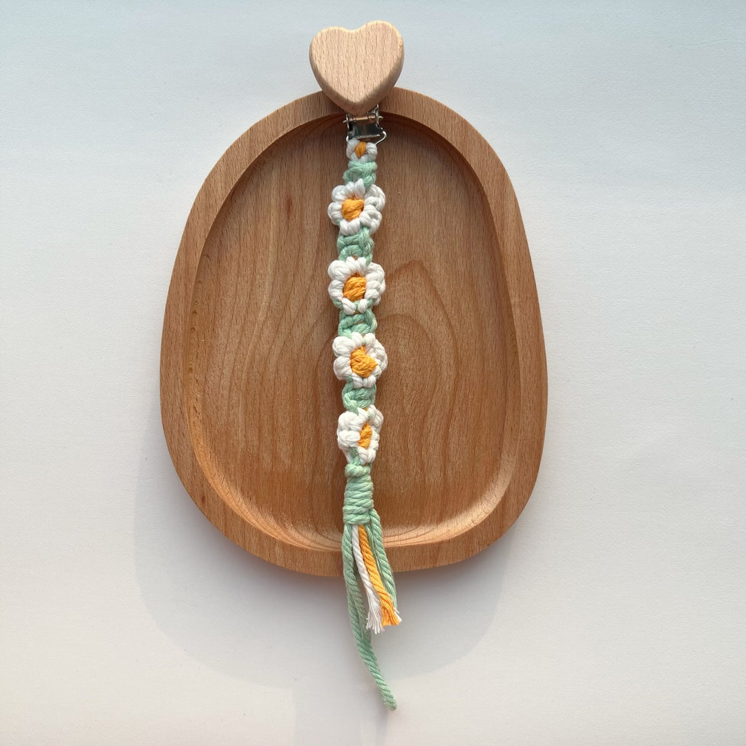 Cotton Crochet Floral Pacifier and Teether Clip with Wooden Heart Safety Clip