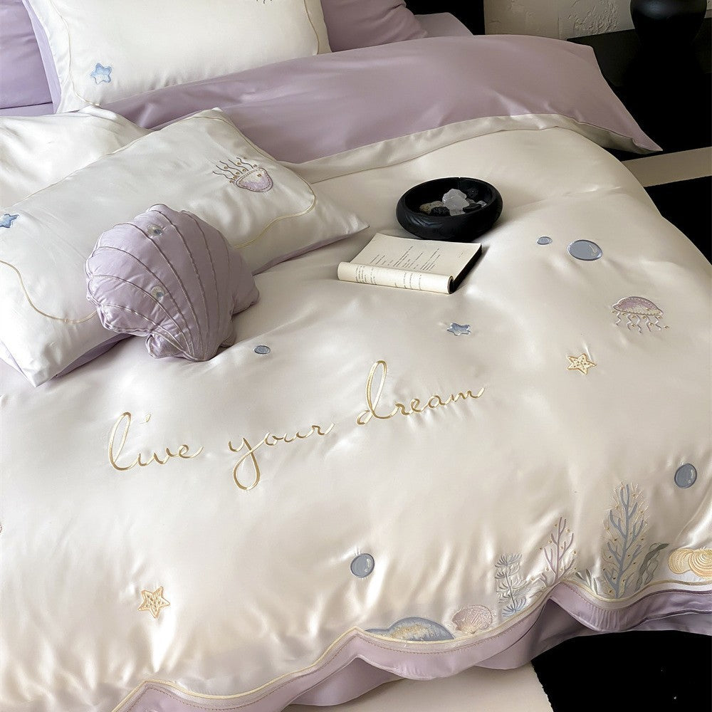 Embroidered Satin-Feel Ocean Motif Duvet Cover Set