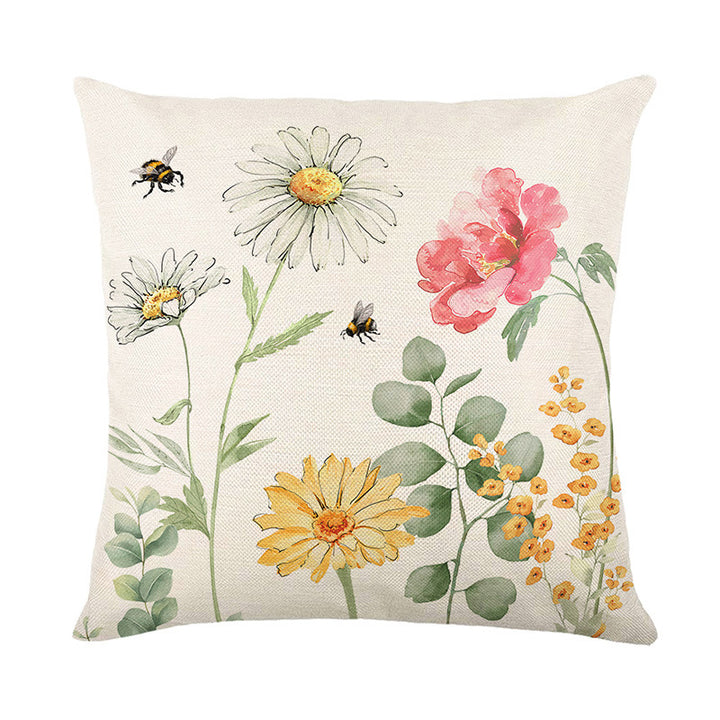 Square Cotton-Linen Throw Pillow Cover with Watercolor Daisies Bee Illustration & 'Home Sweet Home' Script