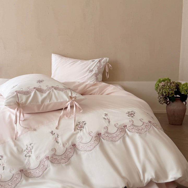 Embroidered Ruffled Cotton Sateen Duvet Cover Set with Decorative Tie Pillow Shams and Heart Throw Pillow