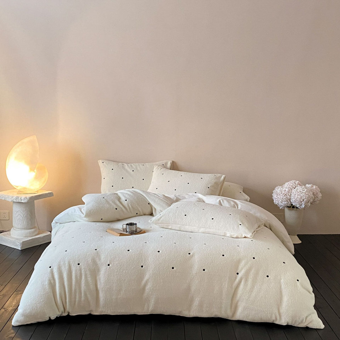 Reversible Textured Cotton Duvet Cover Set with Minimal Dot Embroidery
