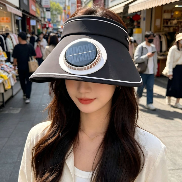 Lightweight foldable sunshade with integrated solar module and quiet fan Stornfield