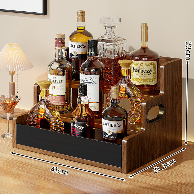 Multi-Tier Wooden Home Bar Liquor Bottle Display Organizer with Removable Front Panel and Side Handles