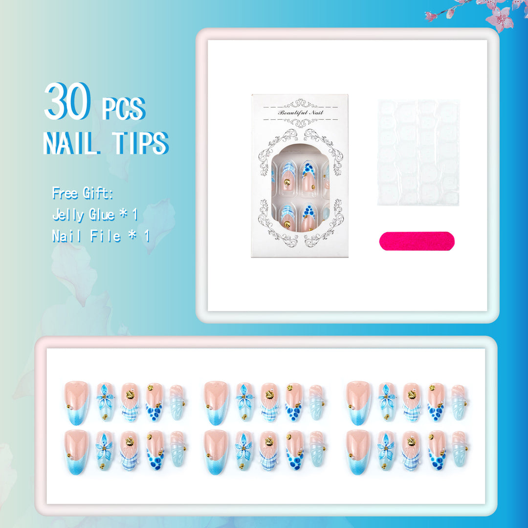 Decorative Press-On Nail Set with Ocean-Inspired Aesthetic